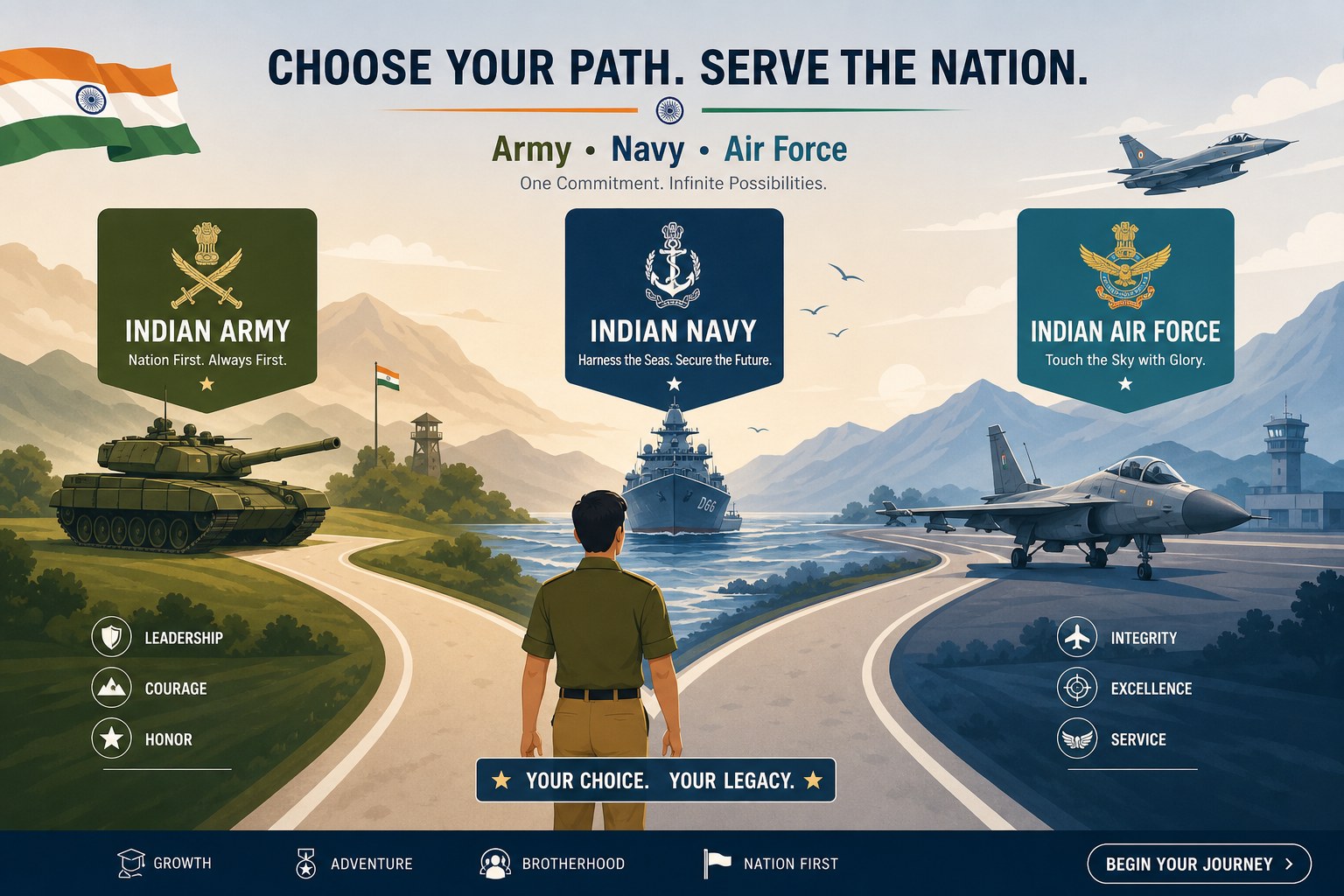 Army vs Navy vs Air Force comparison illustration — three diverging paths from one SSB aspirant toward tank, warship and fighter jet silhouettes representing service preference choice.