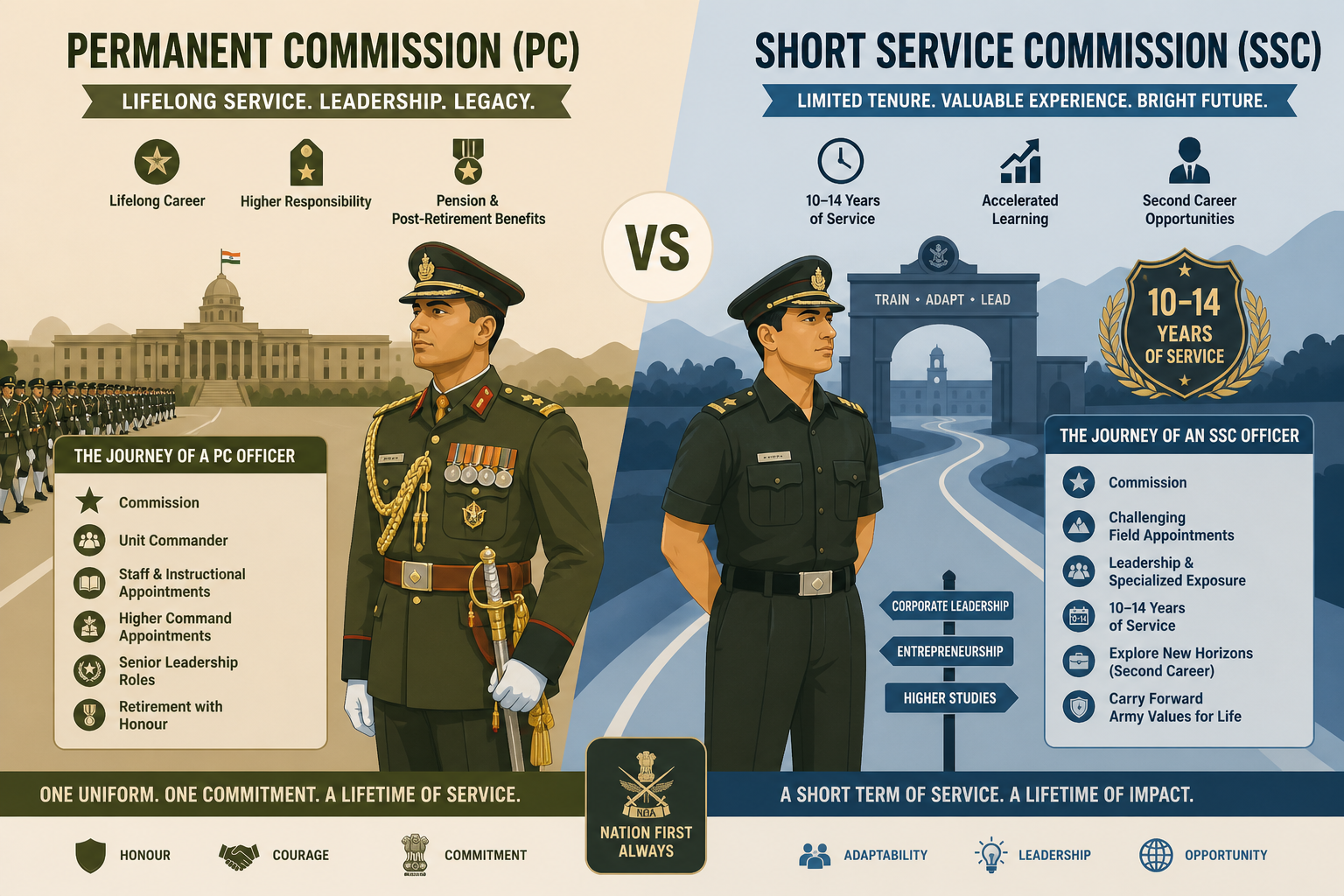 CAPF Assistant Commandant vs Army Short Service Commission comparison illustration — paramilitary internal security officer versus OTA short-service Army officer career paths.