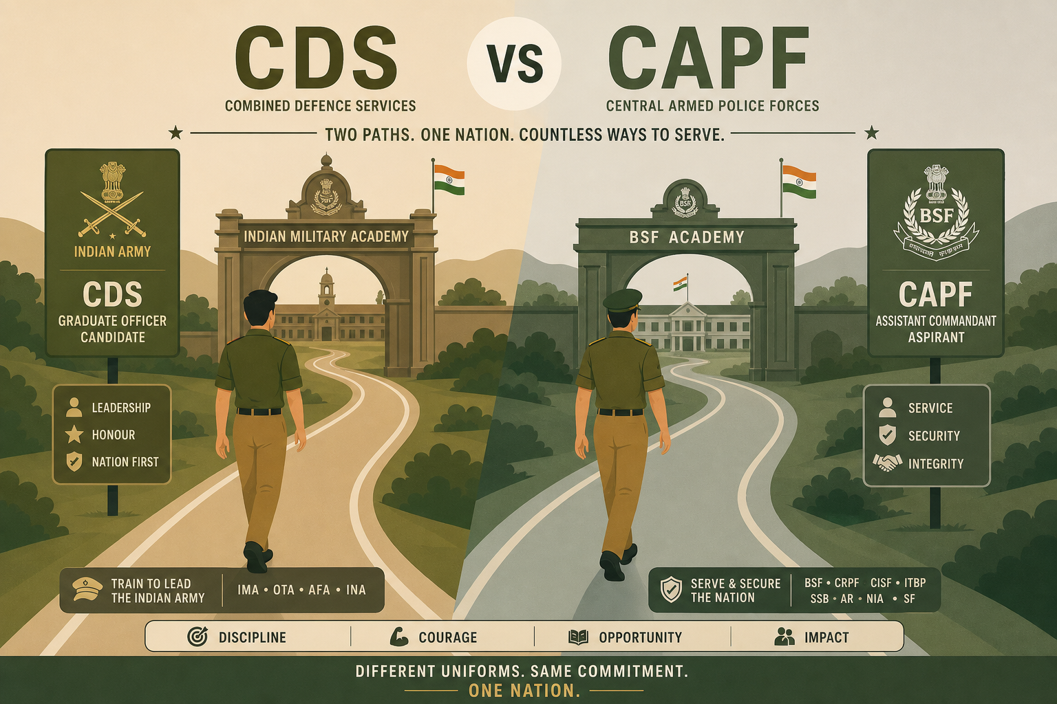 CDS vs CAPF comparison illustration — CDS graduate officer candidate at IMA gates versus CAPF Assistant Commandant aspirant at paramilitary academy with BSF/CRPF insignia.