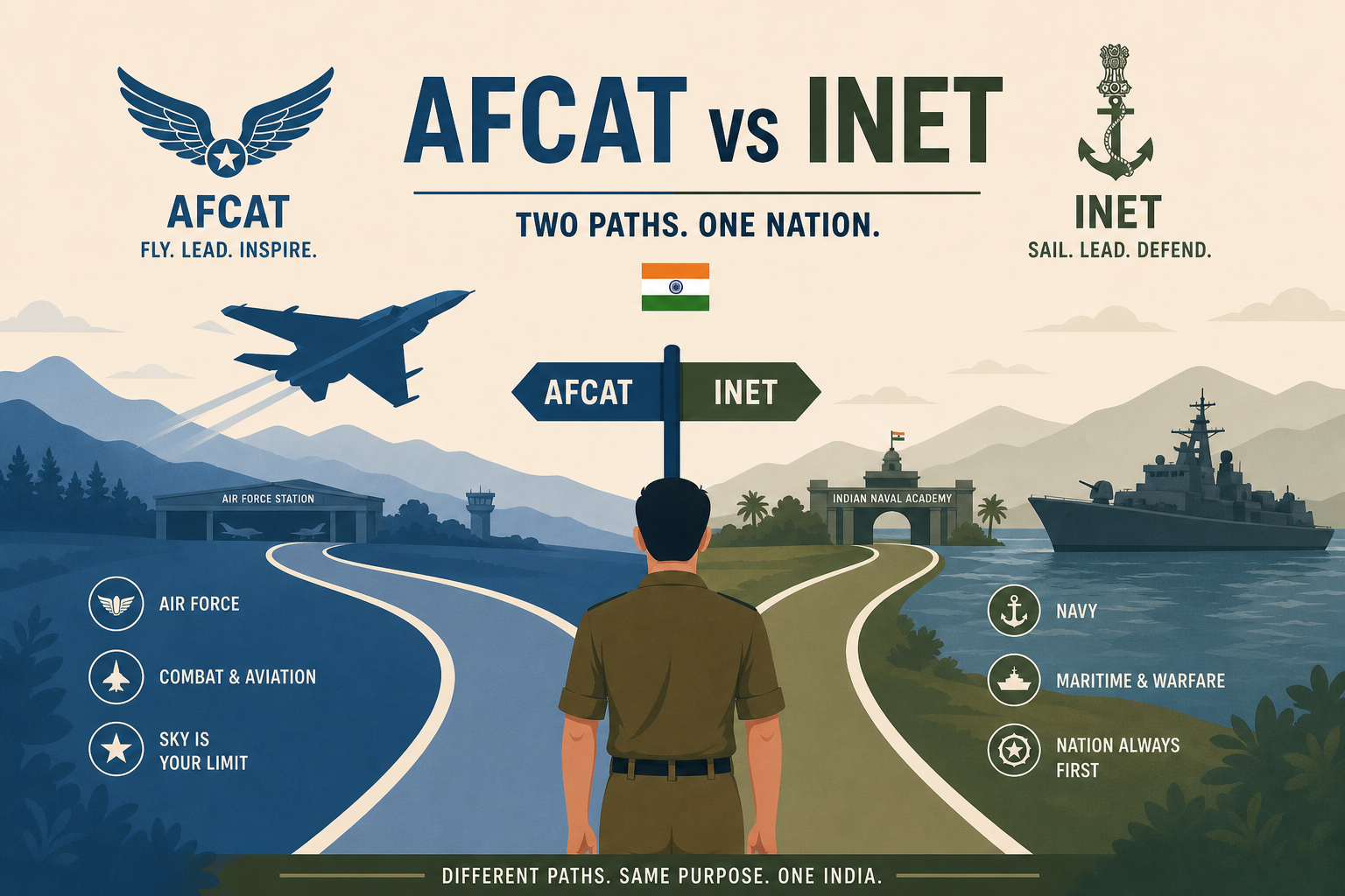 INET vs CDS Navy comparison illustration — Indian Navy INET graduate entry path versus UPSC CDS-INA route toward Indian Naval Academy Ezhimala.