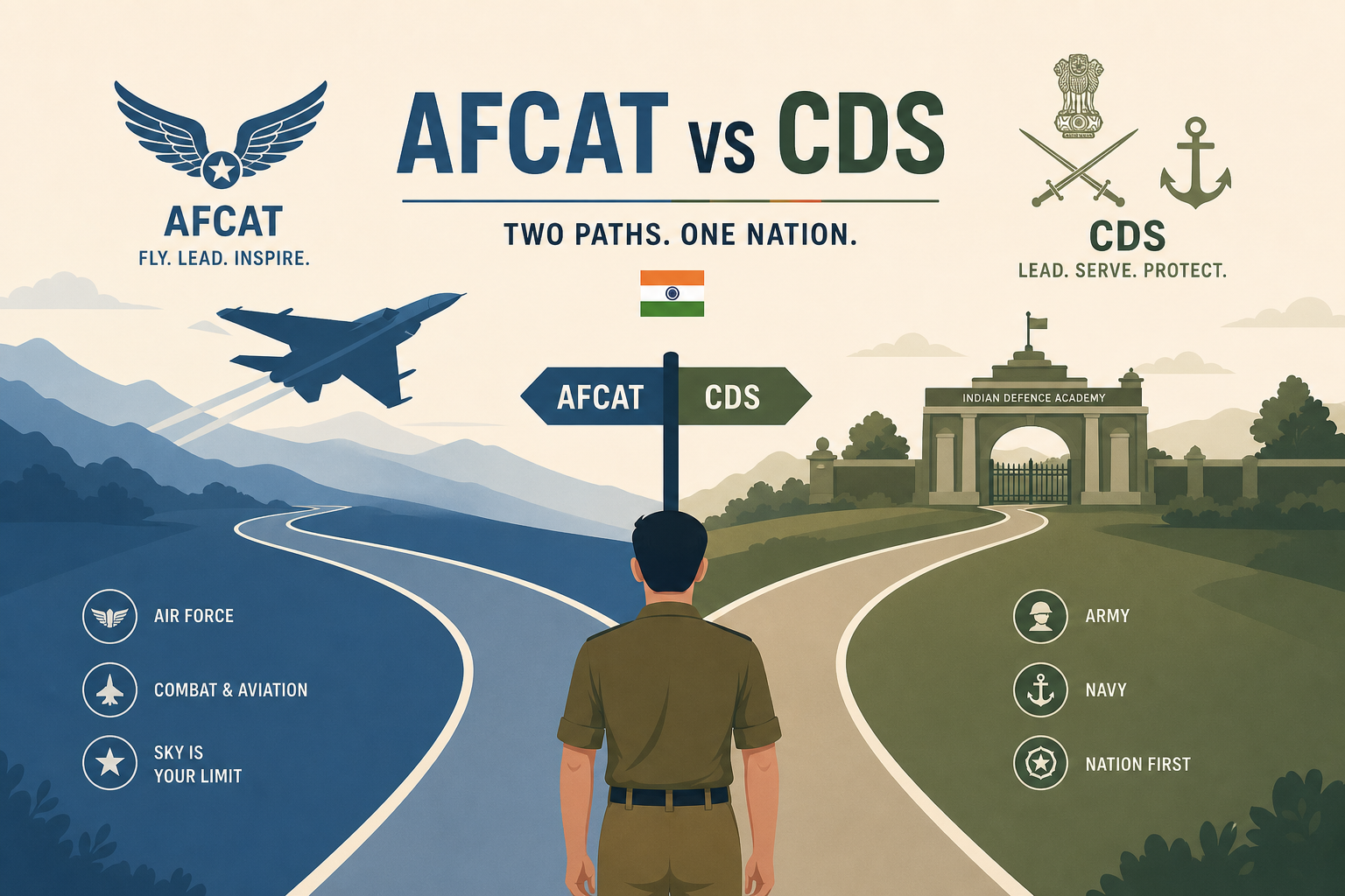 NDA vs AFCAT comparison illustration — Class 12 UPSC NDA path toward tri-service academies versus graduate AFCAT route toward Indian Air Force Flying and Ground Duty branches.