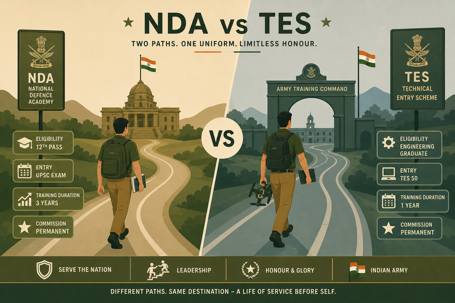 NDA vs TES comparison illustration — split paths showing a Class 12 student toward the National Defence Academy and an engineering graduate toward Technical Entry Scheme Army training.