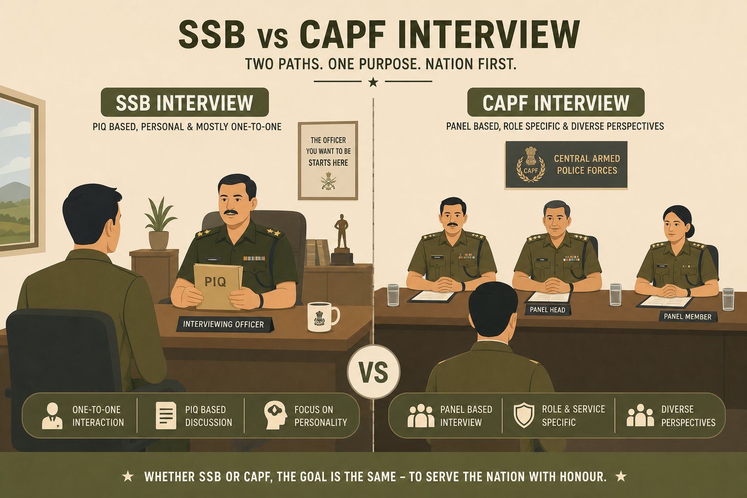 SSB vs CAPF interview comparison illustration — an SSB Interviewing Officer with PIQ file in a cabin opposite a CAPF Assistant Commandant panel of officers at a table, representing the 5-day SSB versus single-day CAPF personality test.