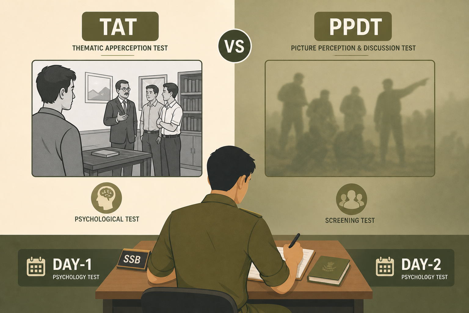TAT vs PPDT comparison illustration — split screen with a clear Day-2 TAT psychology slide on one side and a hazy Day-1 PPDT screening slide on the other, with a candidate writing below both SSB picture tests.