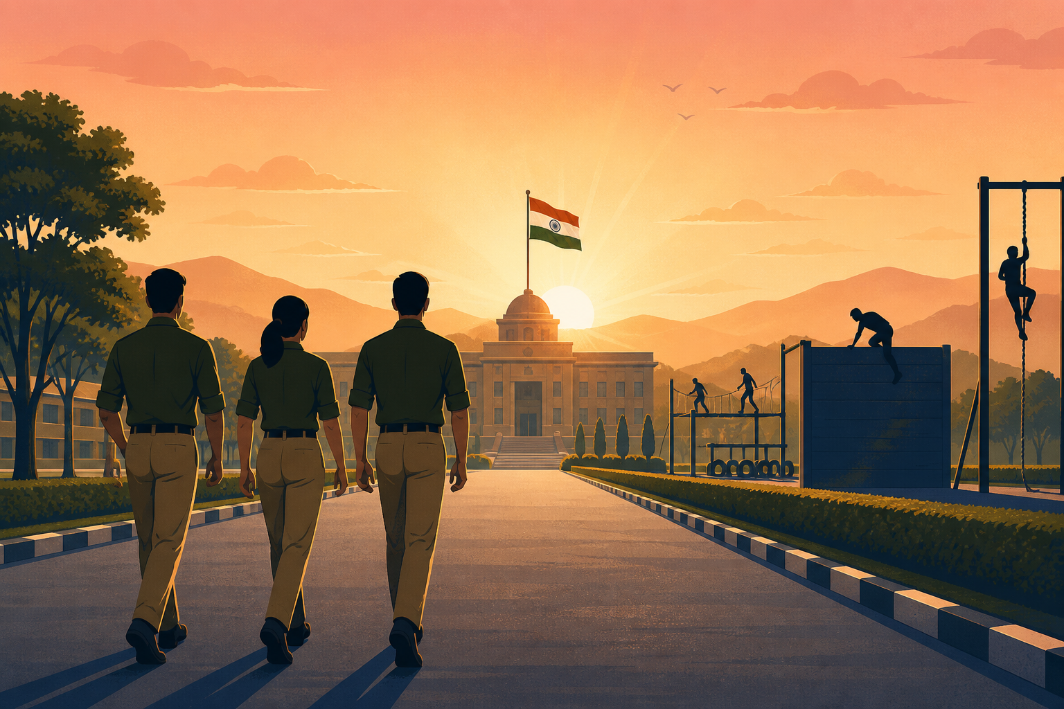 Three SSB aspirants in olive-green shirts and khaki trousers walking toward a Services Selection Board building at sunrise, with the Indian tricolor flag flying above and obstacle-course silhouettes on the right — illustrating SSB interview preparation.
