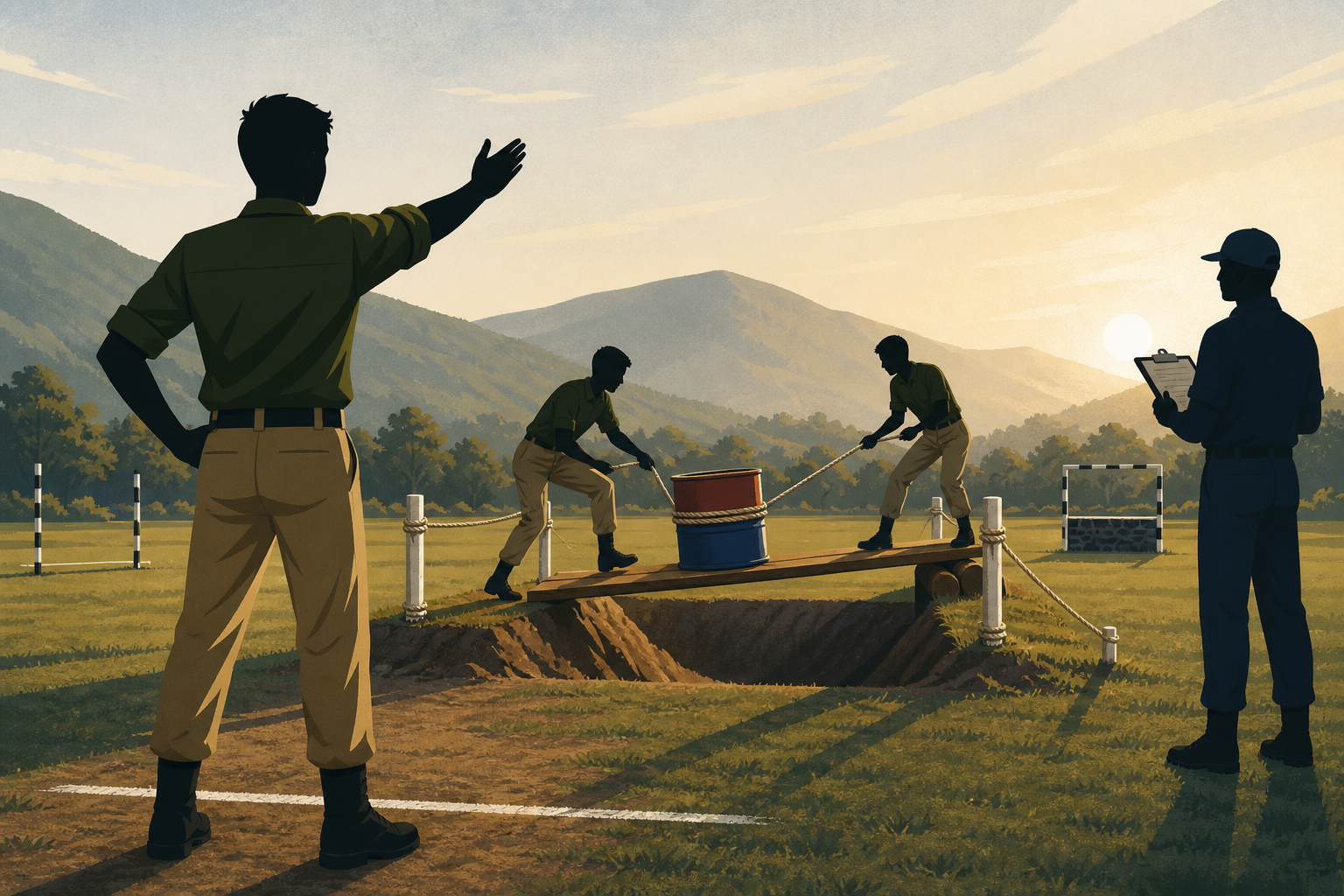 SSB Command Task illustration — the appointed commander standing at the chalked start line directing two subordinate candidates who are cooperating on a small pit obstacle using a plank and rope; the GTO officer observes with a clipboard from the side.