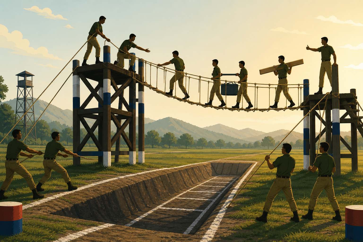 SSB Final Group Task (FGT) illustration — full team cooperating on the biggest obstacle: a rope bridge crossing a wide chalked ditch between two elevated wooden towers, with candidates crossing, carrying a load and a plank, while anchor teams stabilise the ropes from the sides.