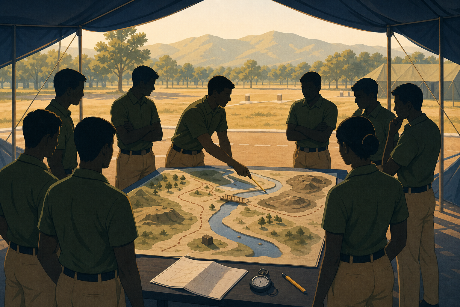 SSB Group Planning Exercise (GPE) illustration — team of candidates standing around a sand-model map inside a tented shelter on the GTO ground, one candidate pointing at a bridge on the map with a pencil while others listen and plan the priority sequence.