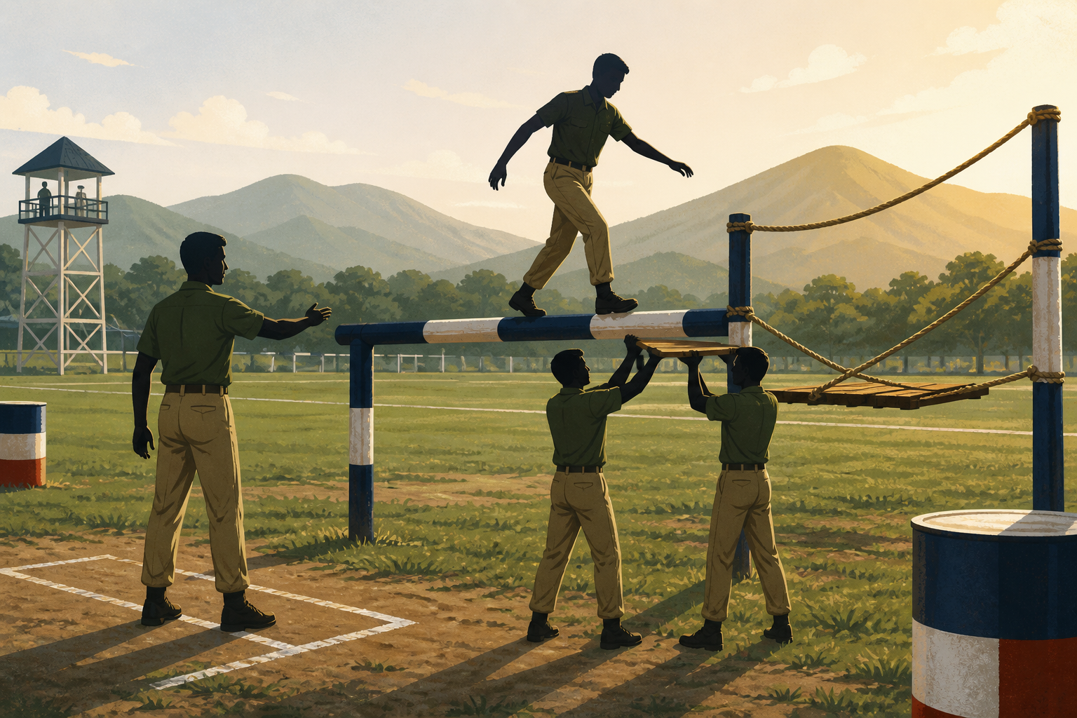 SSB Half Group Task (HGT) illustration — small team of four candidates on a simpler two-obstacle field: one balancing on an elevated beam, two supporting from below with a plank, a fourth guiding from the chalked start line on the GTO ground.