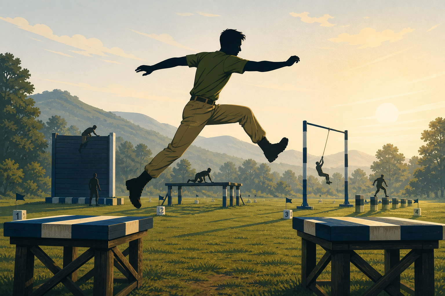SSB Individual Obstacles illustration — a single candidate mid-jump between two elevated wooden platforms on the GTO ground, arms outstretched for balance, with a numbered high wall, monkey-crawl beam, tarzan swing and stepping stones visible in the background course.