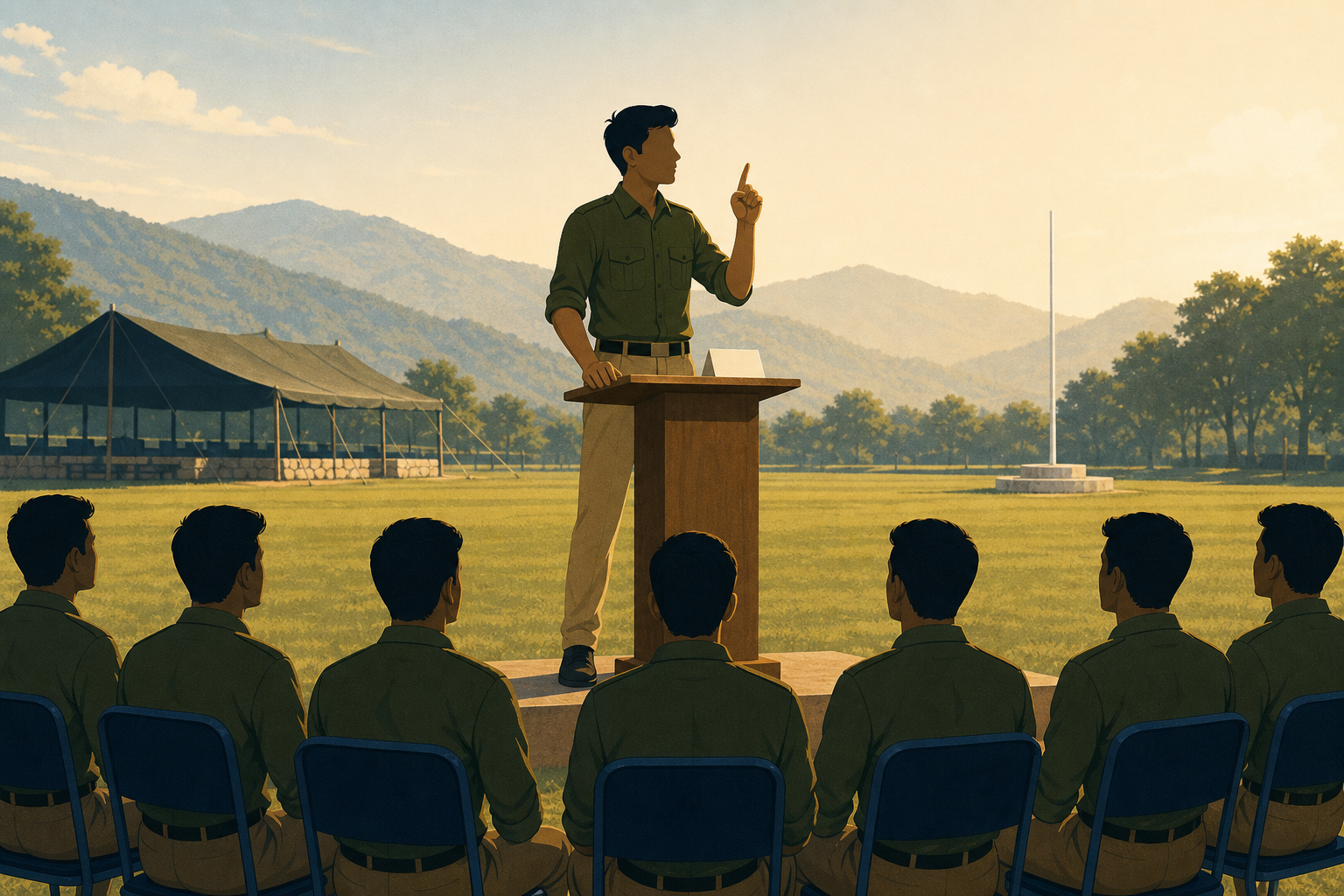 SSB Lecturette illustration — a single candidate standing at a wooden lectern on the GTO ground, mid-gesture, addressing a semicircle of seven seated fellow candidates who listen attentively; a small blank topic card sits on the lectern.