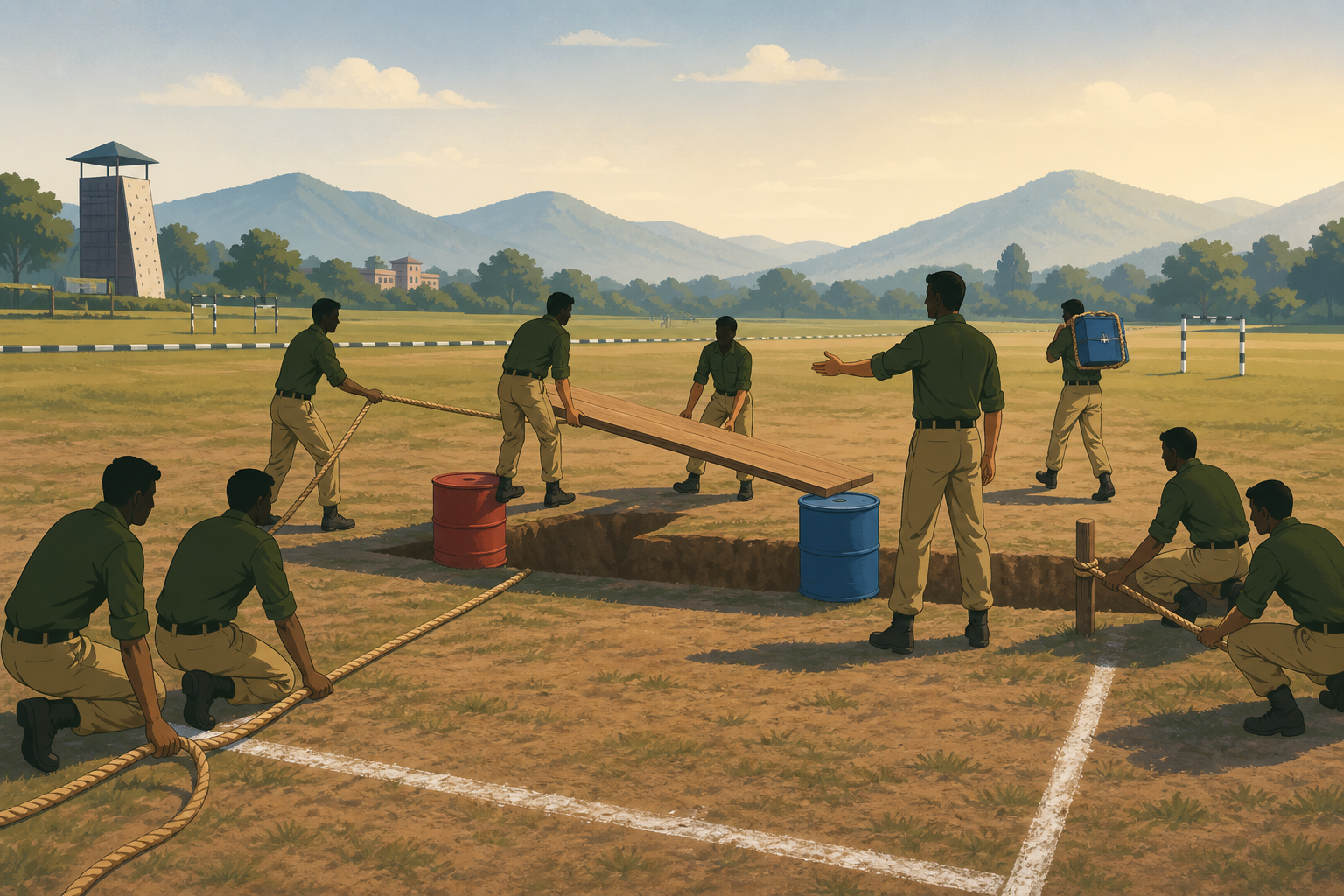 SSB Progressive Group Task (PGT) illustration — full team of candidates cooperating on the GTO ground to cross an obstacle: two candidates lifting a plank across coloured drums, others anchoring ropes and carrying the load, chalked start and finish lines visible.
