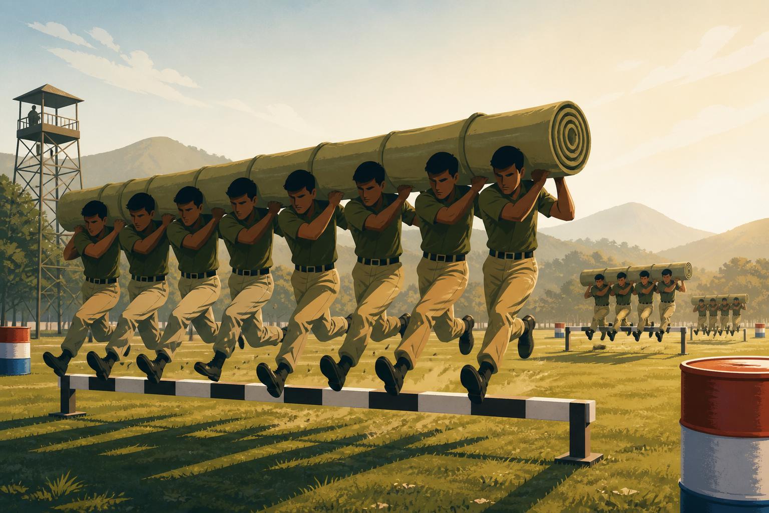 SSB Snake Race illustration — full team of candidates running in a single line while carrying a large rolled canvas snake on their shoulders across a low hurdle on the GTO ground; two rival teams visible in the background racing on the same obstacle course.