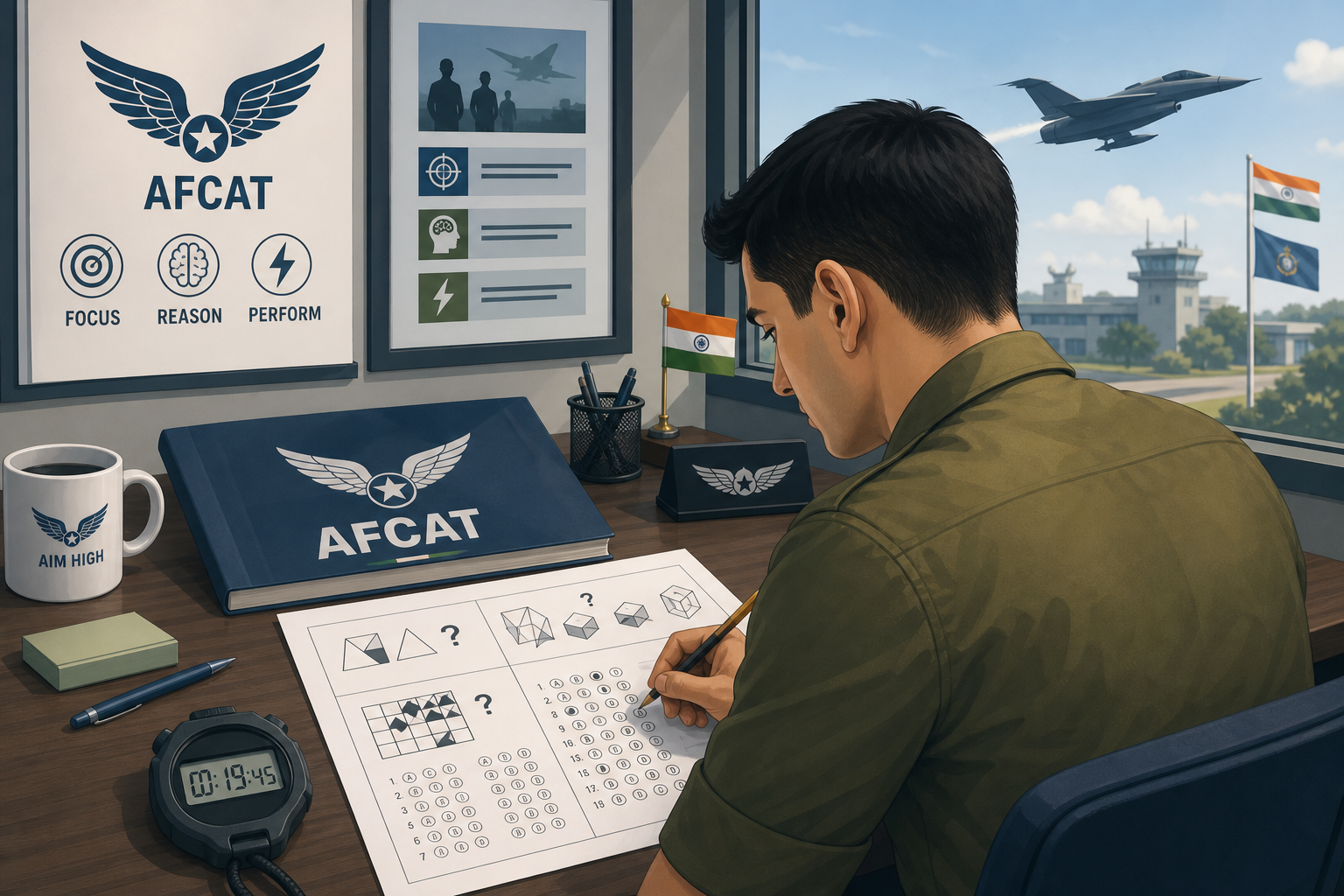 AFCAT written exam preparation guide — graduate candidate taking IAF MCQ test with reasoning and GK sections toward AFSB.