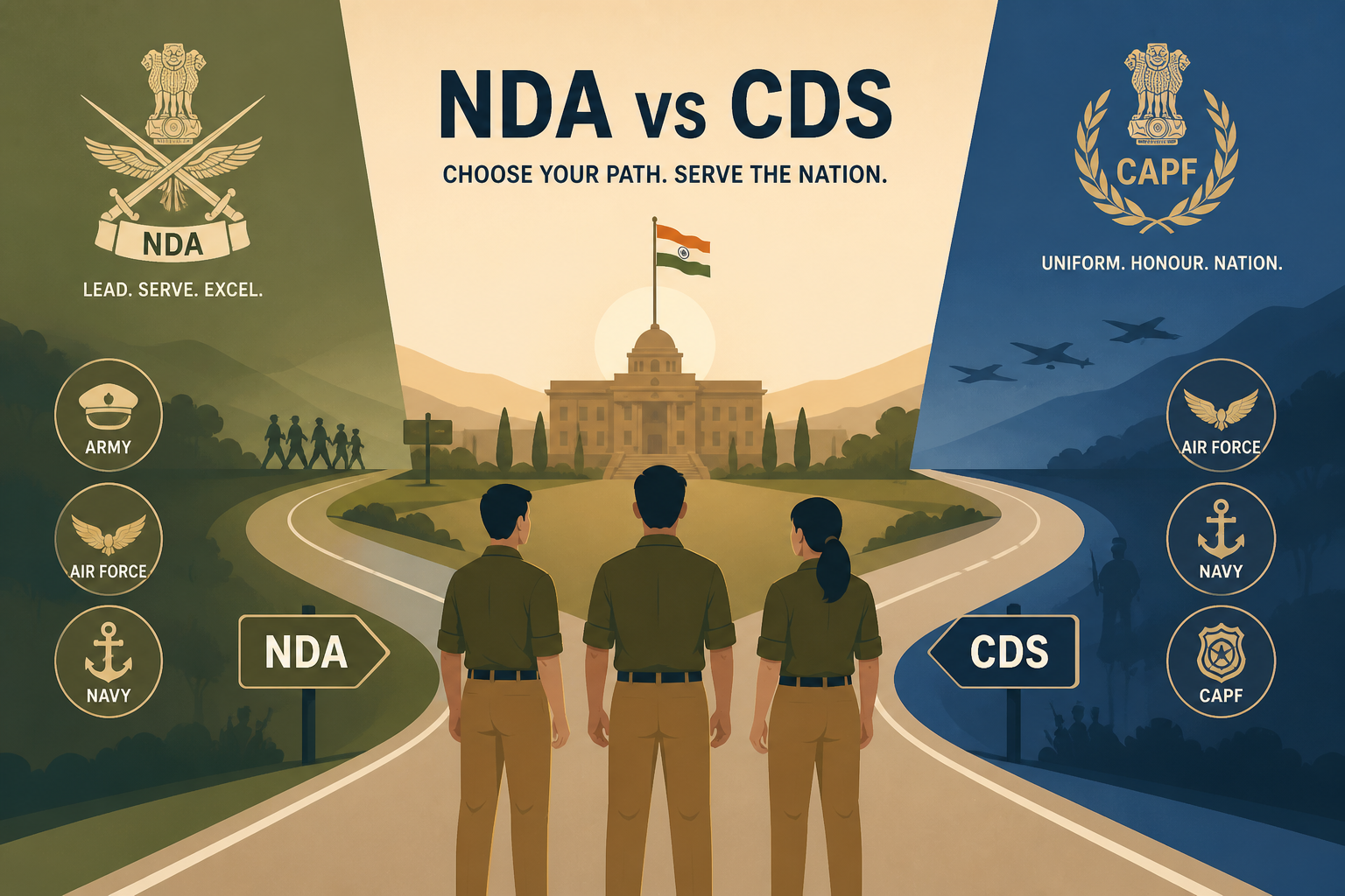 Defence exam comparison hub illustration — two diverging paths for NDA and CDS aspirants with Air Force and CAPF symbols in the background, representing side-by-side SSB and defence entry comparisons.