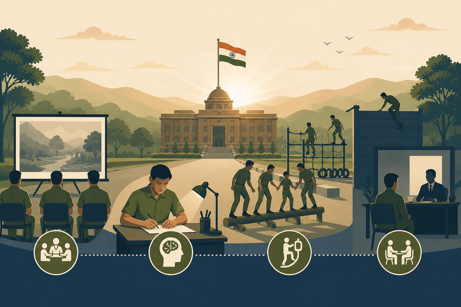 SSB Preparation Guides hub illustration — panoramic collage of PPDT picture screening, psychology writing tests, GTO obstacle course teamwork and the Personal Interview cabin at an Indian Services Selection Board.
