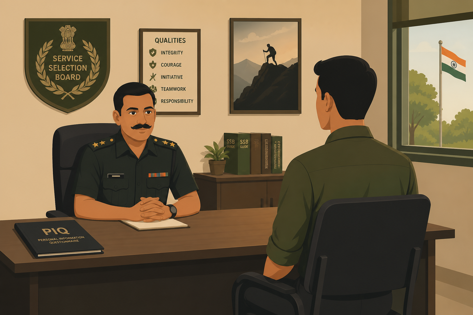 SSB Personal Interview illustration — an Interviewing Officer in uniform seated across a desk from a candidate with the PIQ file open, representing the one-on-one SSB interview.