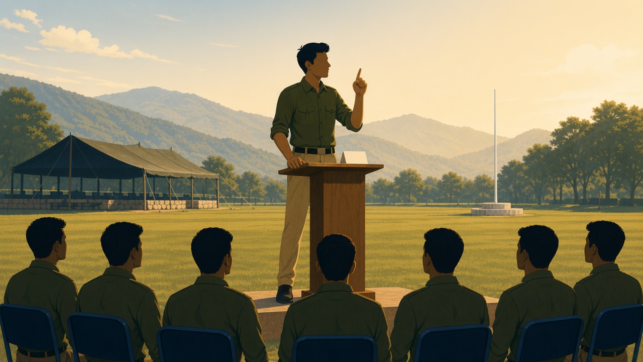 SSB Lecturette practice illustration — candidate delivering a 3-minute speech at a lectern on the GTO ground to a semicircle of fellow candidates.