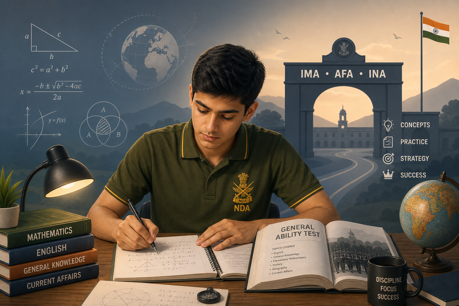 NDA written exam preparation guide — Class 12 aspirant studying UPSC Mathematics and GAT papers toward NDA and SSB.