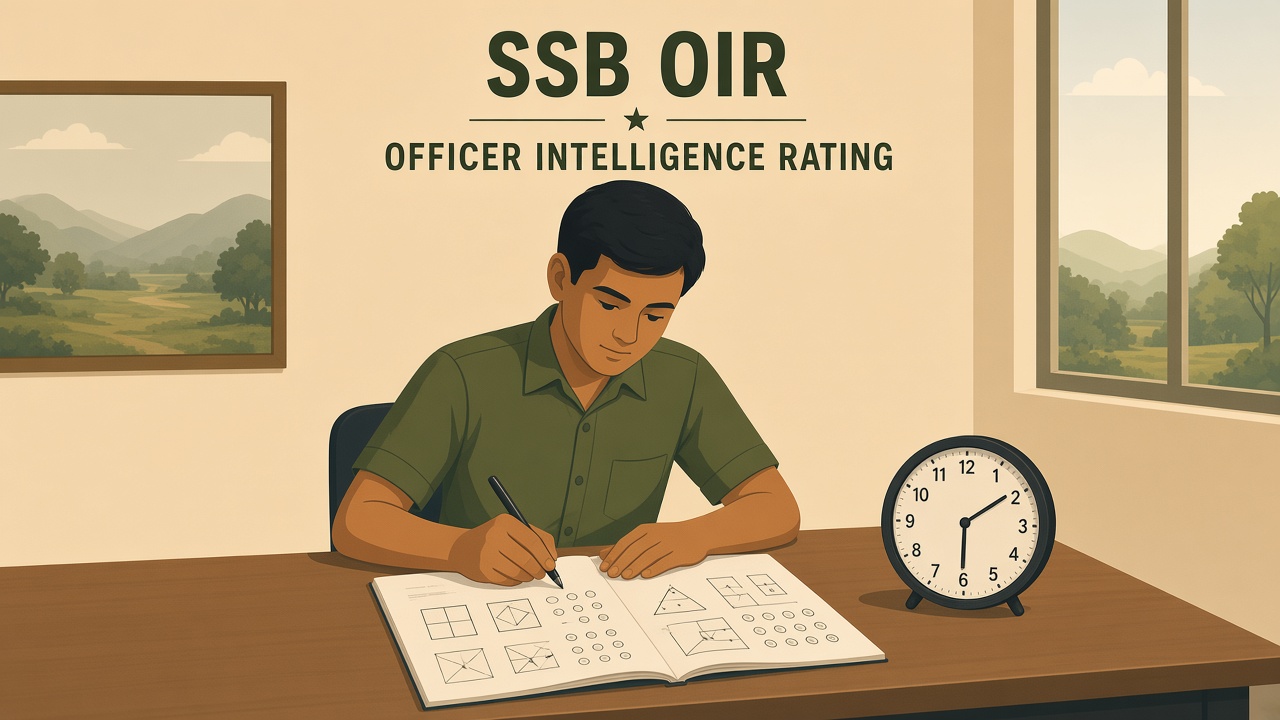 SSB Officer Intelligence Rating (OIR) practice illustration — candidate solving verbal and non-verbal reasoning booklets under a 30-minute clock on Day-1 screening.