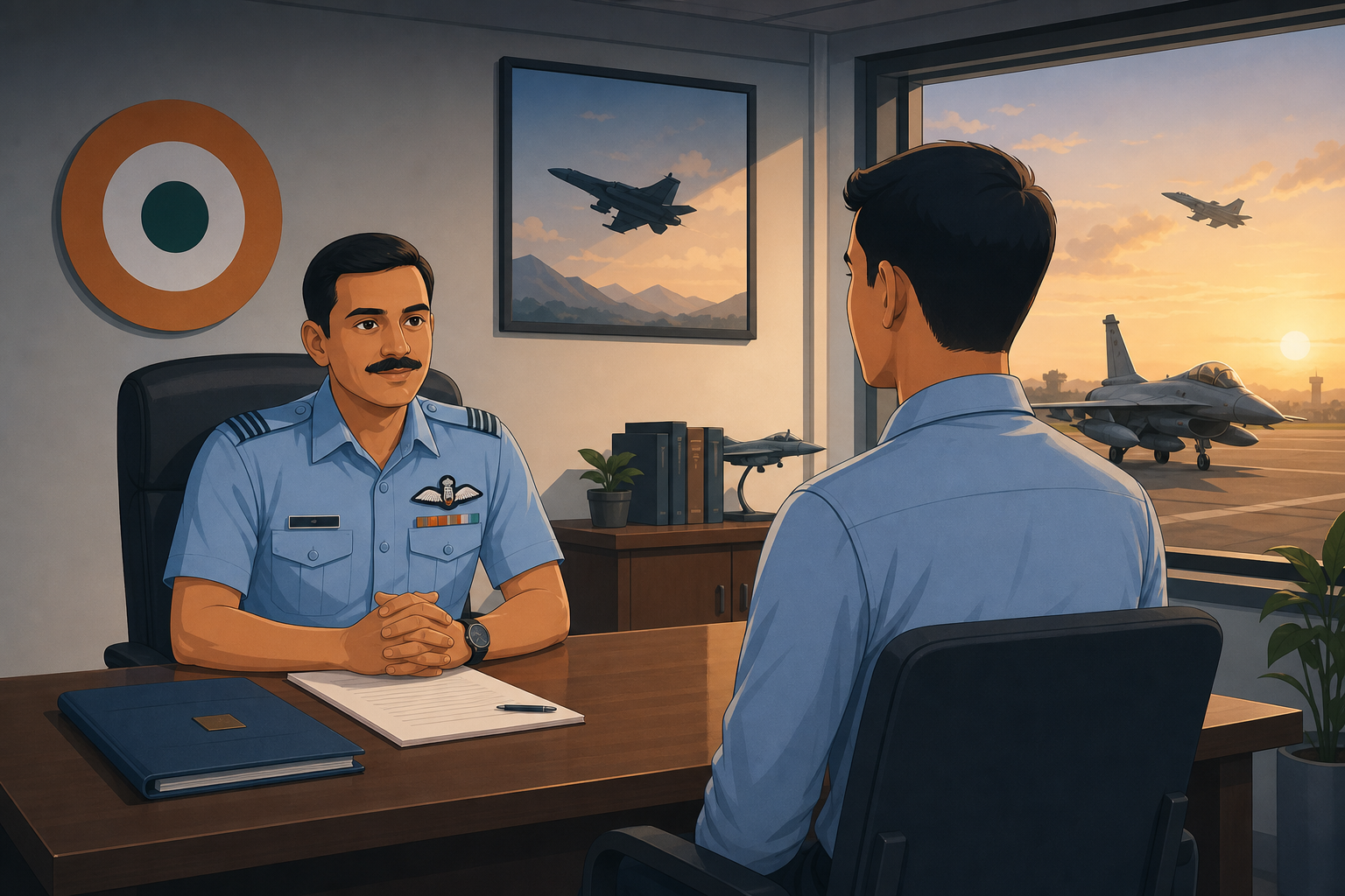 Indian Air Force AFSB Personal Interview preparation guide — IAF officer interviewing candidate with fighter aircraft on runway.