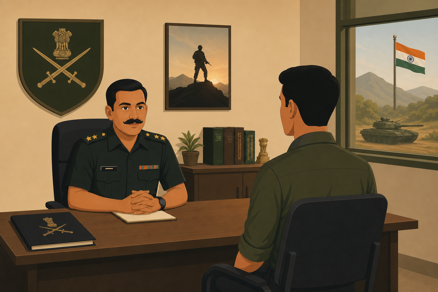 Indian Army SSB Personal Interview preparation guide — Army officer interviewing candidate with PIQ and regimental context.