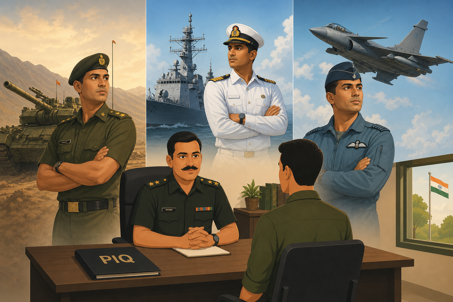 Service-specific SSB Personal Interview guides hub illustration — triptych of Army, Navy and Air Force Interviewing Officers with PIQ files representing Army, Navy and Air Force PI preparation.