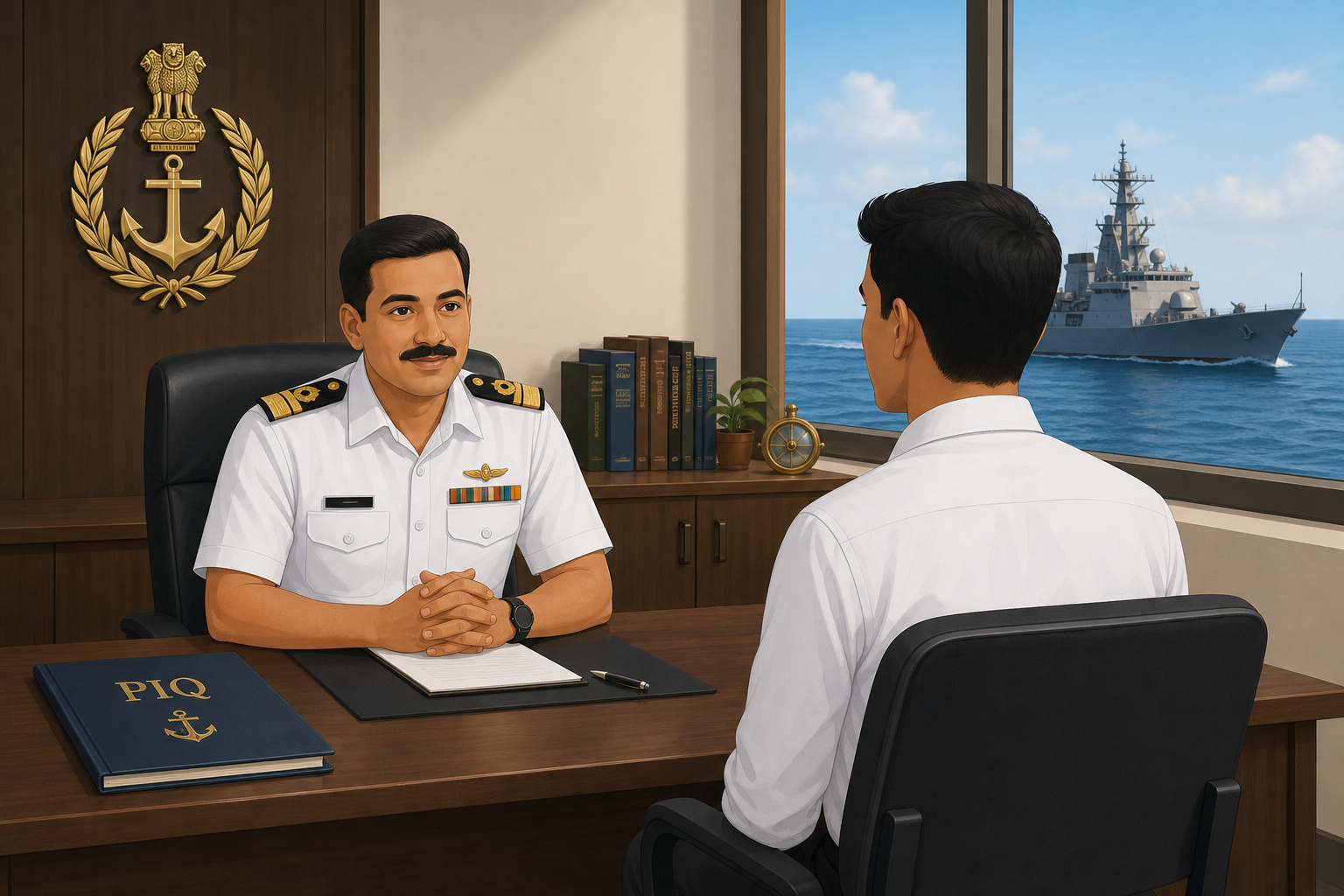 Indian Navy SSB Personal Interview preparation guide — naval officer interviewing candidate with warship visible through window.