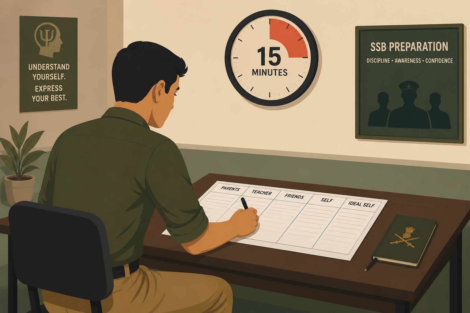 SSB Self Description Test (SD) preview — a candidate writing five self-description sections on one answer sheet under a single 15-minute timer.
