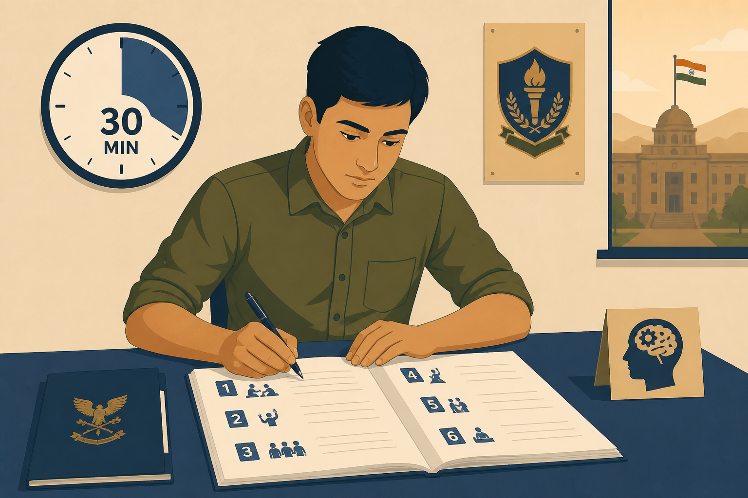 SSB Situation Reaction Test (SRT) preview — a candidate writing quick practical reactions in a numbered situation booklet under a 30-minute timer.