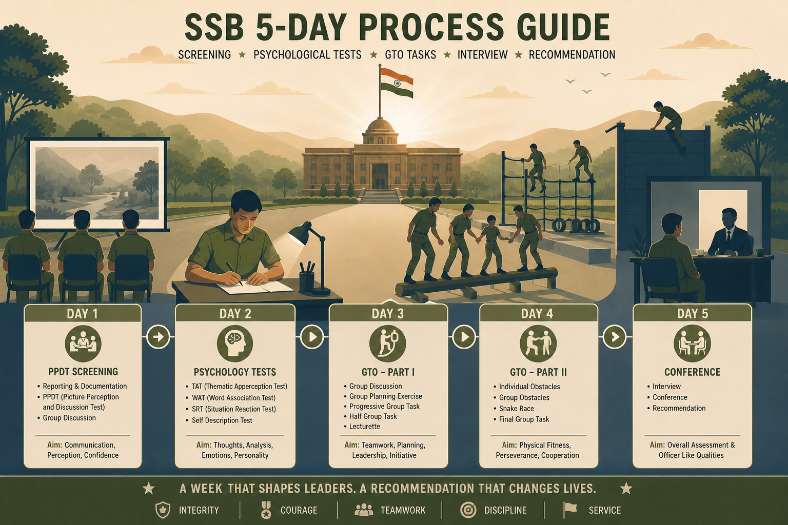 SSB 5-day process illustration — timeline panorama from Day 1 PPDT screening through Day 2 psychology tests, Day 3–4 GTO obstacle course teamwork to Day 5 conference and Personal Interview at an Indian Services Selection Board.