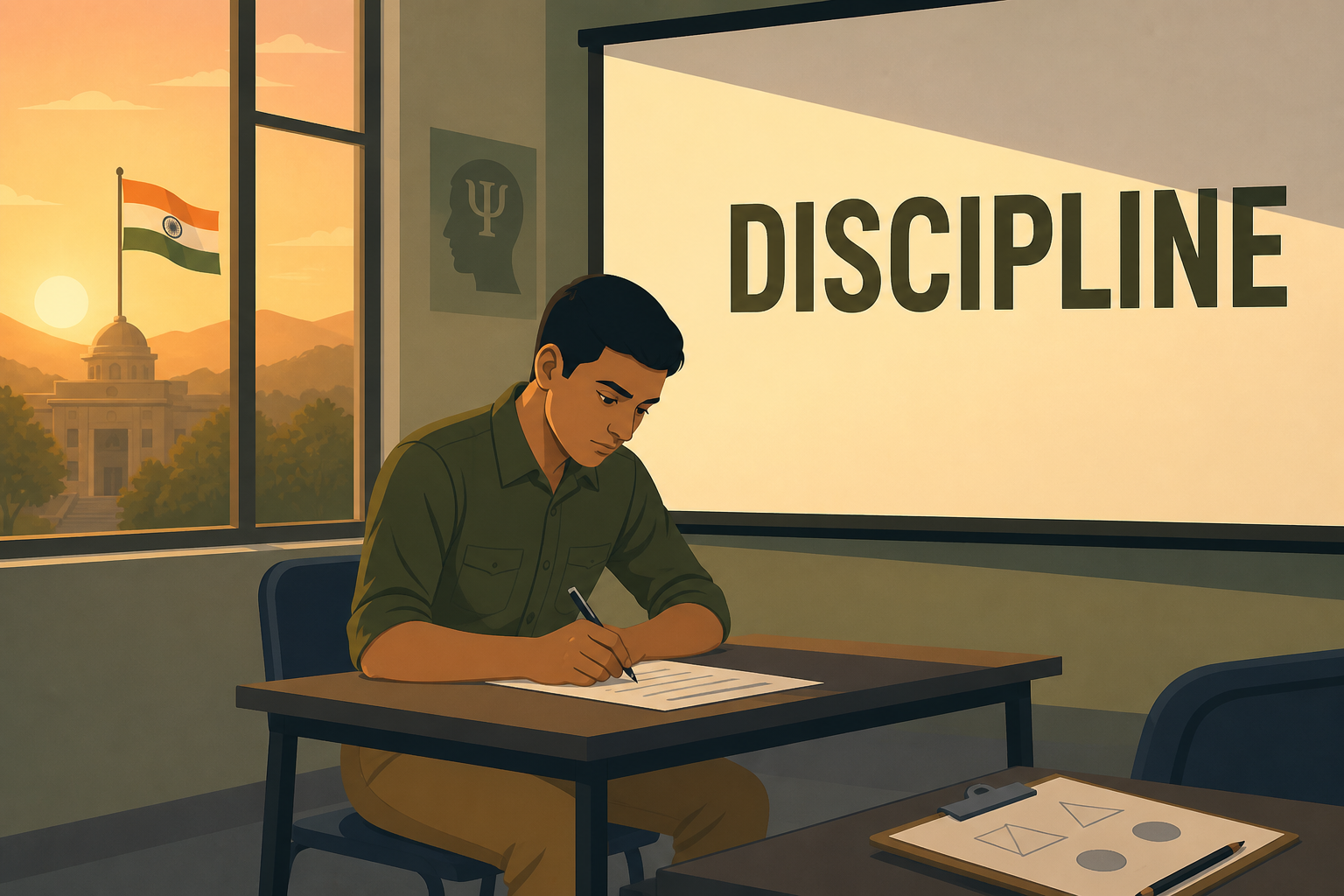 SSB Word Association Test (WAT) preview — a candidate writing a spontaneous sentence while an English word is projected on screen, representing the 60-word 15-second psychology test.