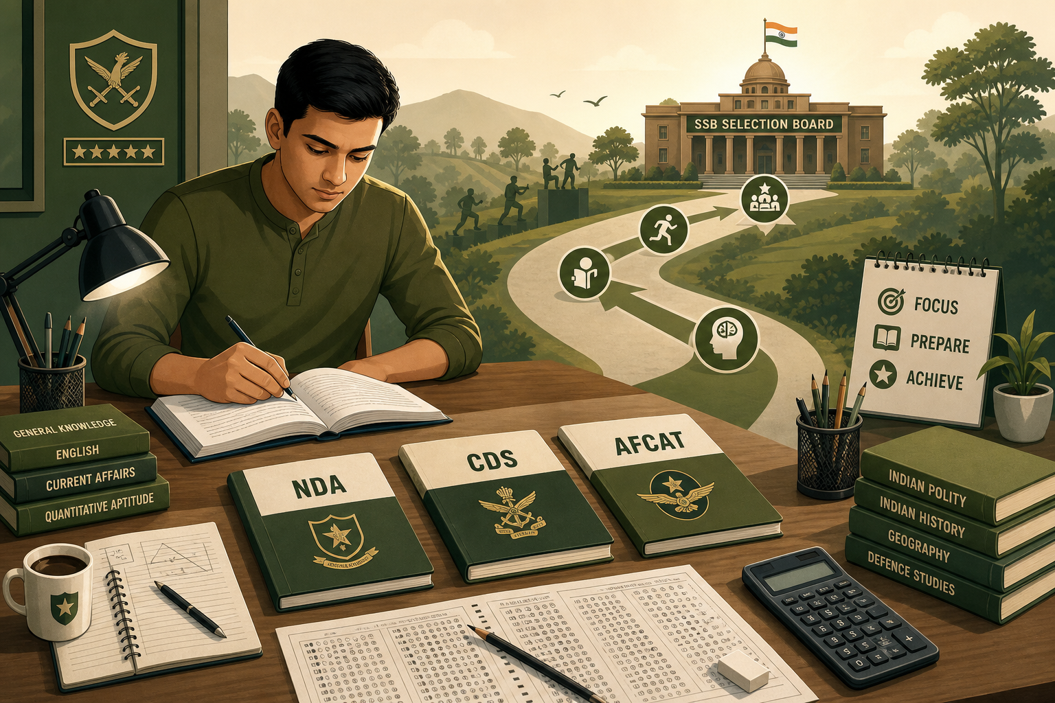 NDA, CDS and AFCAT written exam mini-guides hub illustration — aspirant studying UPSC and IAF exam papers with pathway toward SSB selection board.