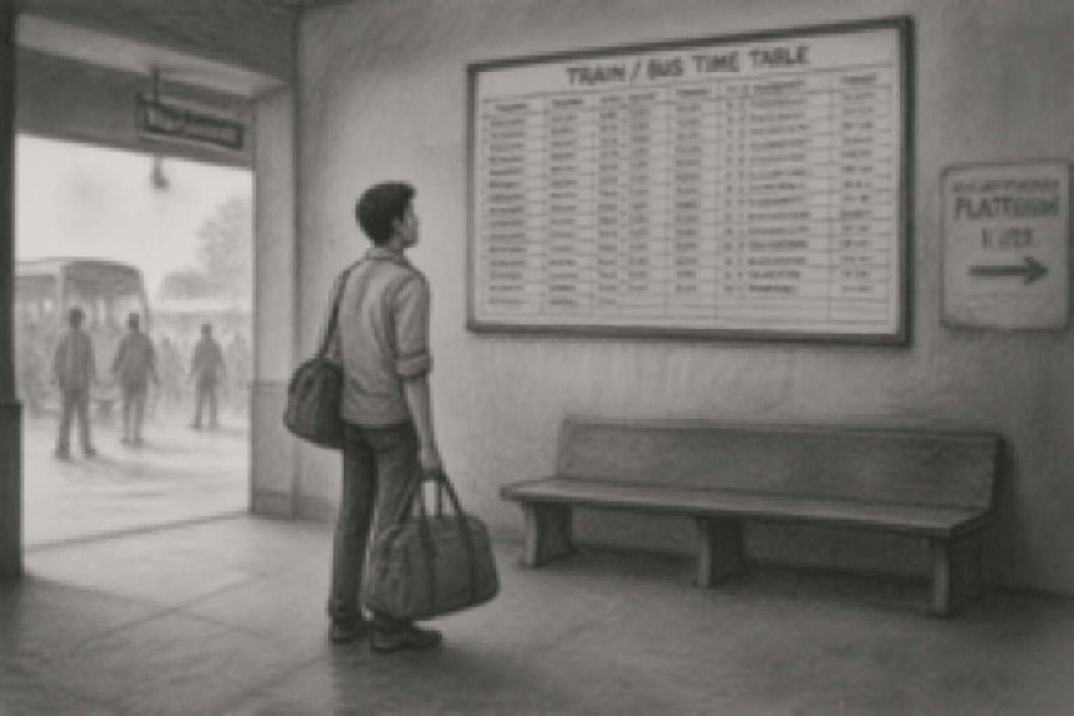 A hazy indoor scene at a bus/railway terminal: a young man with a bag looking at a schedule board.