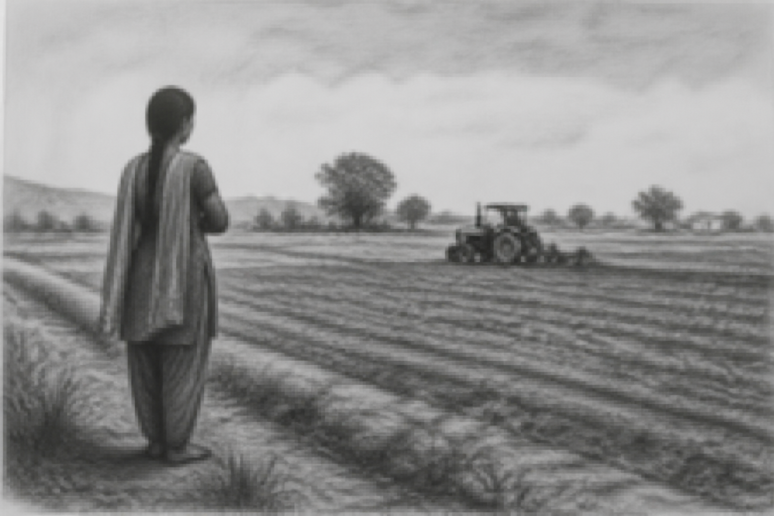 A hazy outdoor scene: a person standing at the edge of a field looking towards a distant tractor.