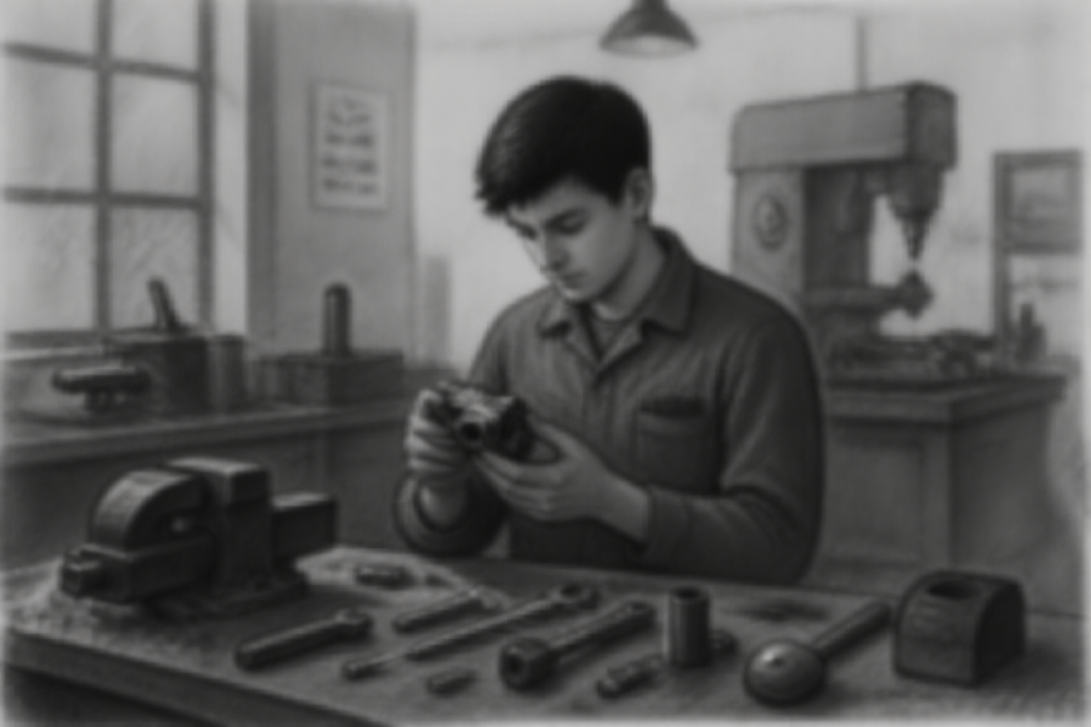 A hazy indoor scene: a young man at a workbench with tools and a small mechanical part.