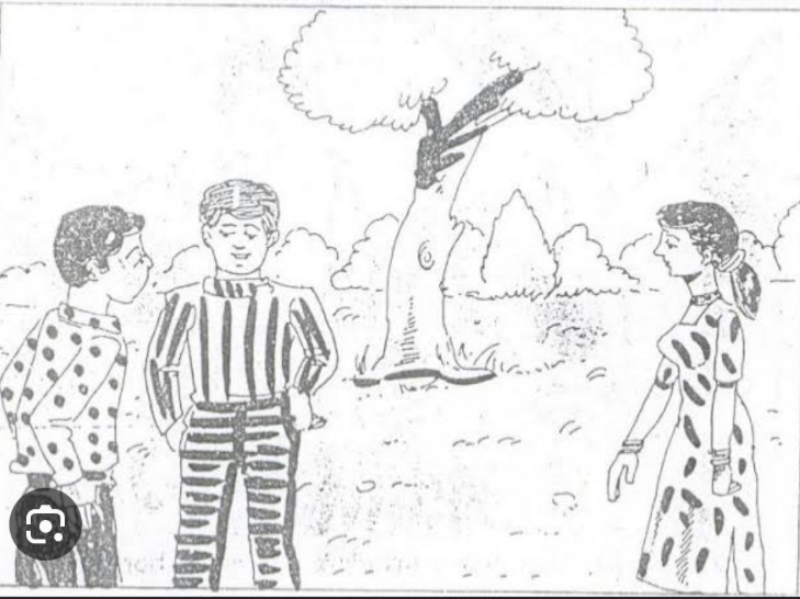 Ambiguous SSB TAT sample slide showing two young men and a young woman meeting under a large tree in a village setting