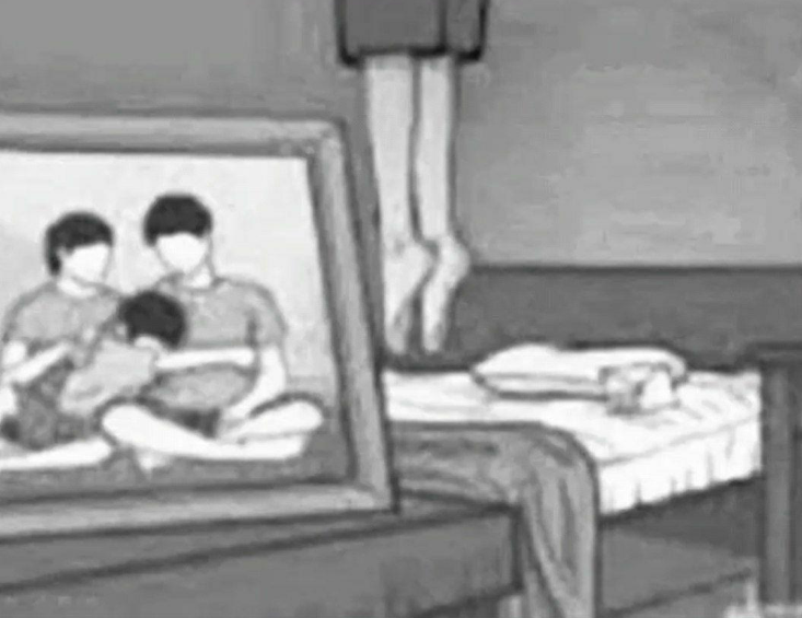 Ambiguous SSB TAT sample slide showing a framed family photograph on a bedside table next to a bed with a person lying on it